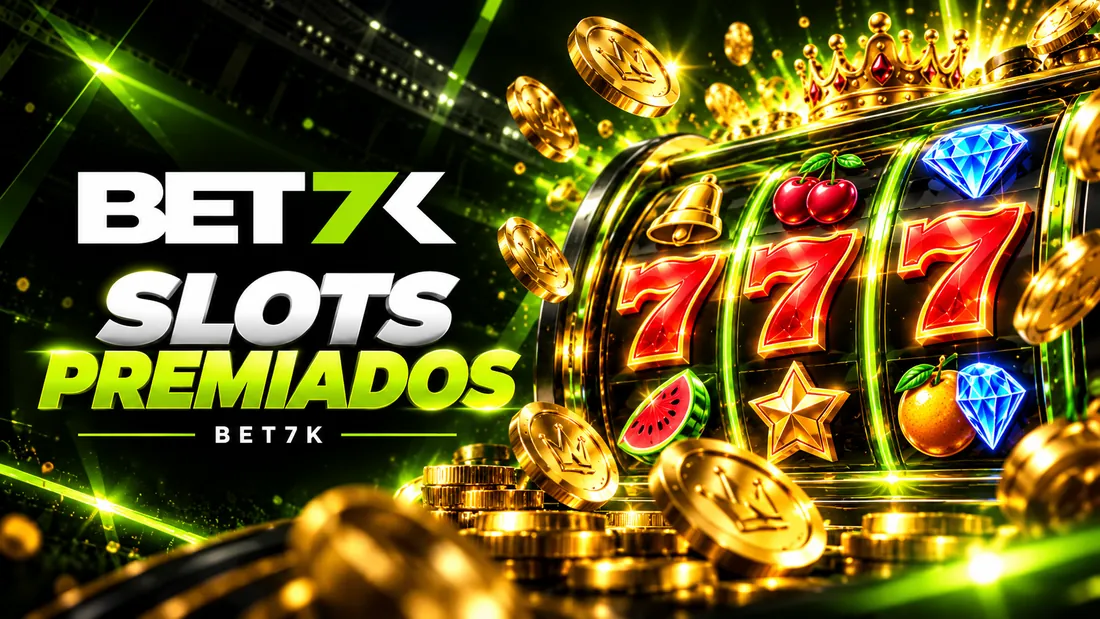 Caça-níquel com setes, coroa e moedas em banner Slots Premiados da Bet7K